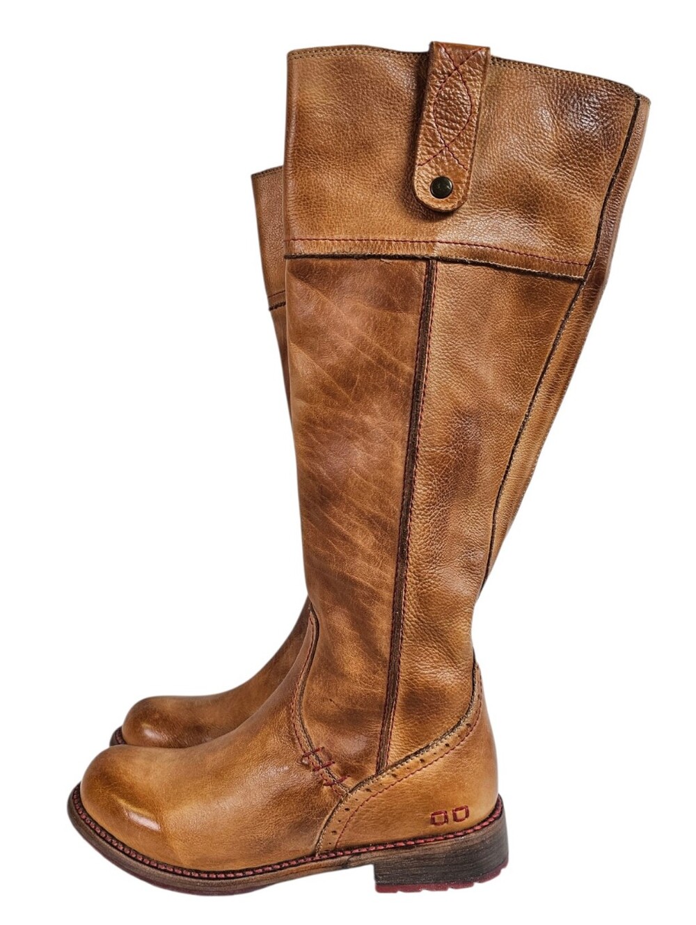 Bed Stu Jacqueline Tall Riding Boots Pecan Rustic Burnished Toe Red Stitching